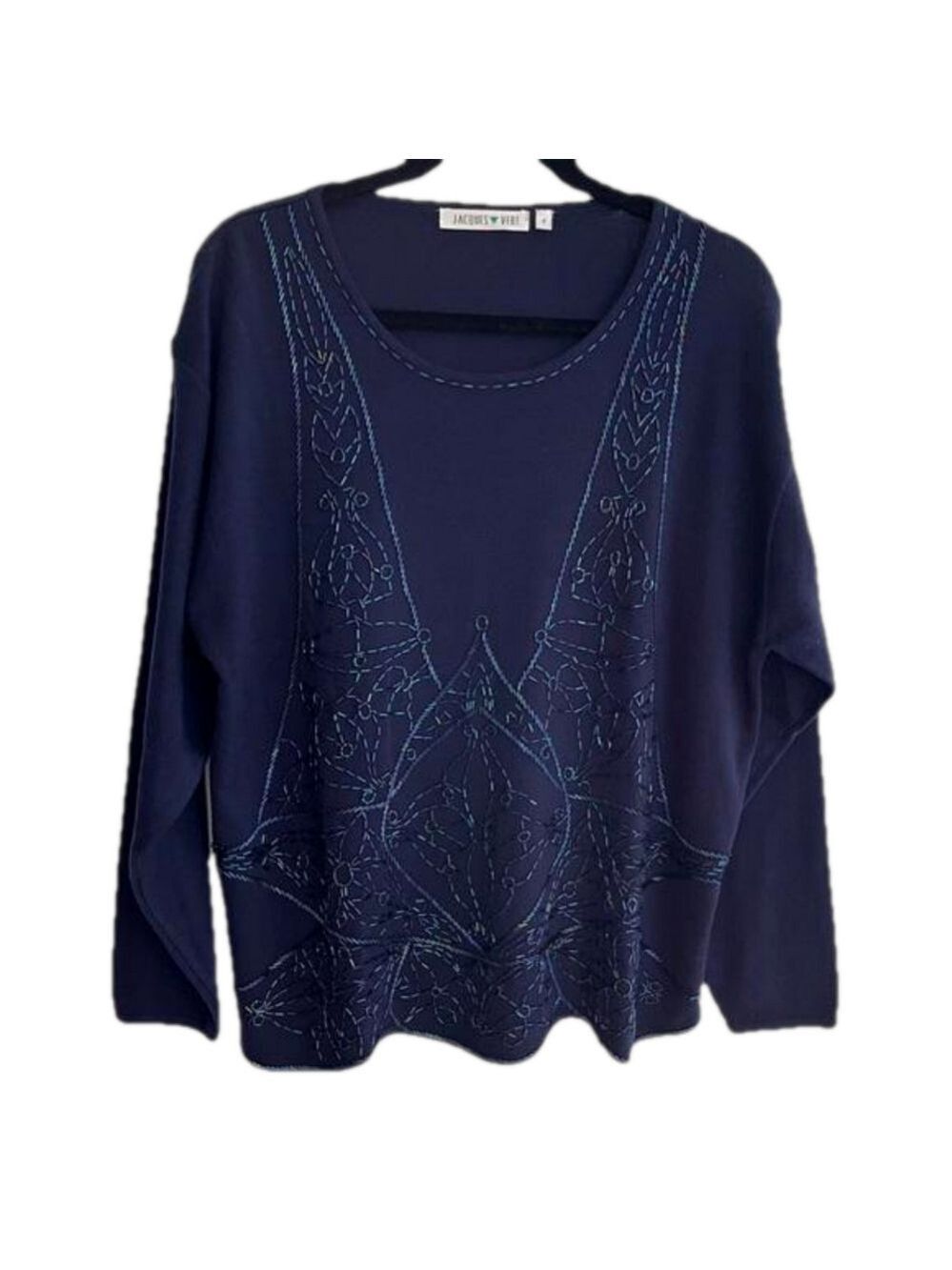 JACQUES VERT Navy Blue Iridescent Beads Fine Knit Sweater Embellished Fancy